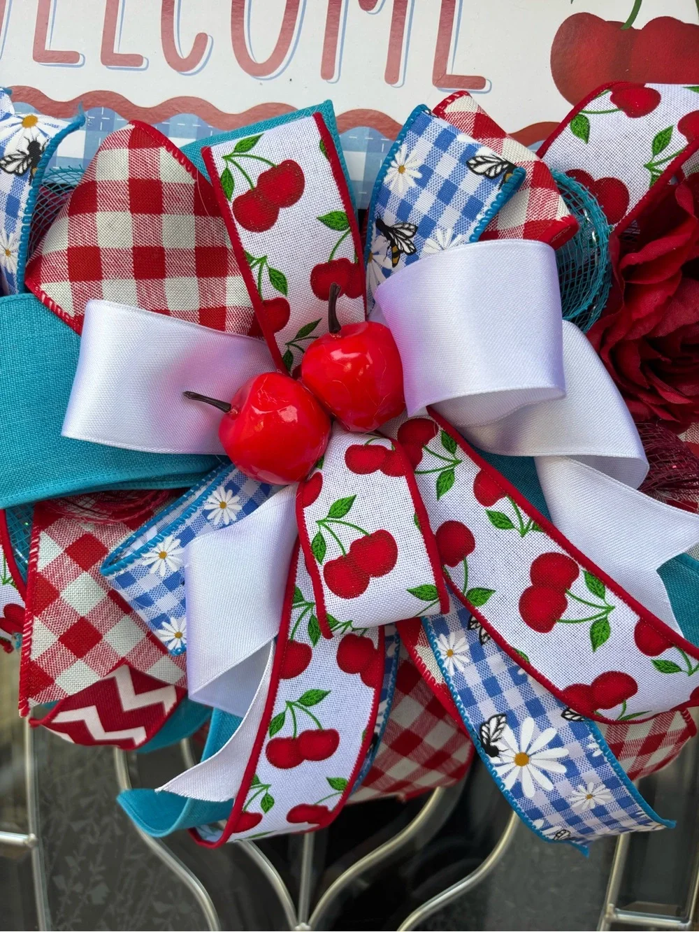 Welcome Cherry Holiday Door Wreath - Blue, Red & White